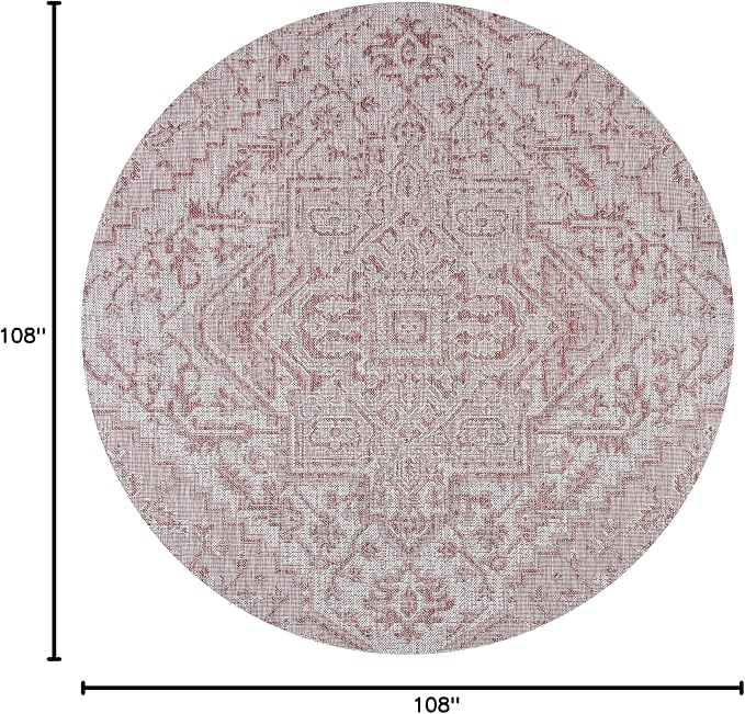 JONATHAN Y Boho Medallion Indoor Outdoor Round Area Rug 9 Ft Red/Taupe, Estrella Textured Weave for Backyard, Patio, Porch, Easy-Cleaning, High Traffic, Pet-Friendly, Non-Shedding (SMB105A-9R)