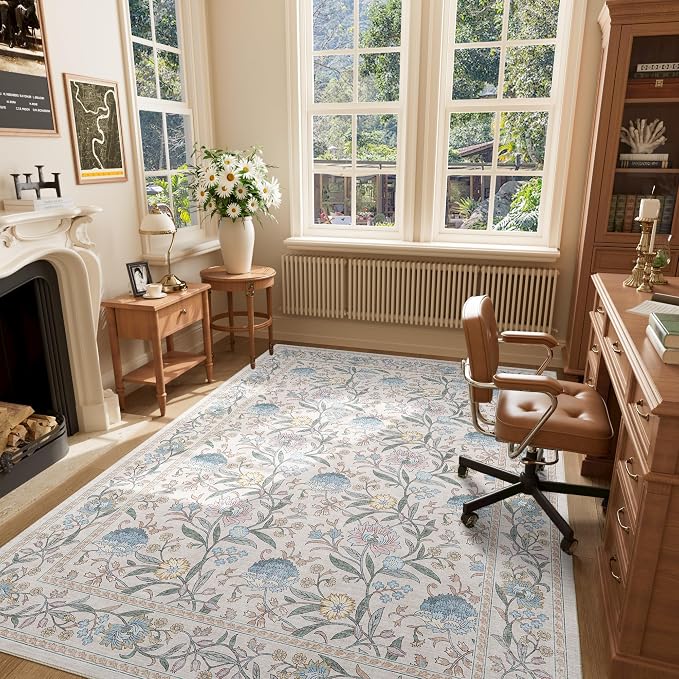 DUKINO 5x7 Area Rug, Vintage Floral Washable Rug for Living Room Cream Blue | Non Slip, Low Pile, Non-Shedding, Stain Resistant Lightweight Boho Soft Carpet for Bedroom Home Office Dining Room Farmhouse