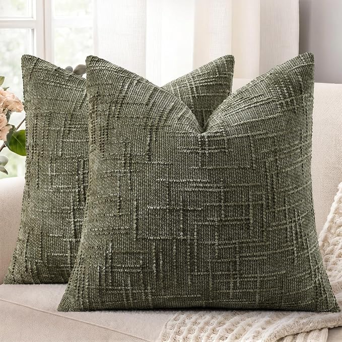 decorUhome Textured Chenille Throw Pillow Covers 16x16 Set of 2 Army Green | Fall Modern Farmhouse Soft Cozy Slubby Couch Pillow Cases Boho Decorative Pillow Cases for Bed Sofa Living Room Home Decor