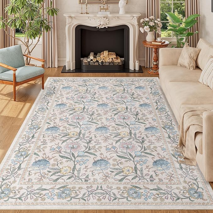 DUKINO 5x7 Area Rug, Vintage Floral Washable Rug for Living Room Cream Blue | Non Slip, Low Pile, Non-Shedding, Stain Resistant Lightweight Boho Soft Carpet for Bedroom Home Office Dining Room Farmhouse