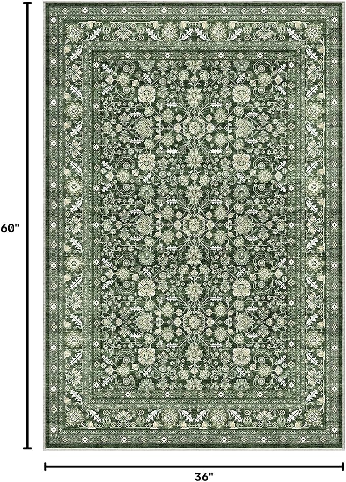 OPPODREAM Low-Pile Area Rugs, Faux Wool Carpet for Living Room, Kitchen, Office, Dorm, Bedroom, Vintage Washable Rug Non Slip, Dark Green, 3'x5'