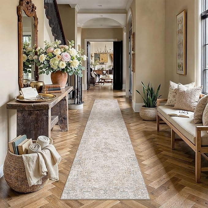 HUGEAR Beige Runner Rugs 3x8 Washable Rug Indoor Carpet | Hallway Runner Rug,Vintage Rug,Bedroom,Kitchen,Laundry,Non Shedding,Non Slip,Low Pile,Soft