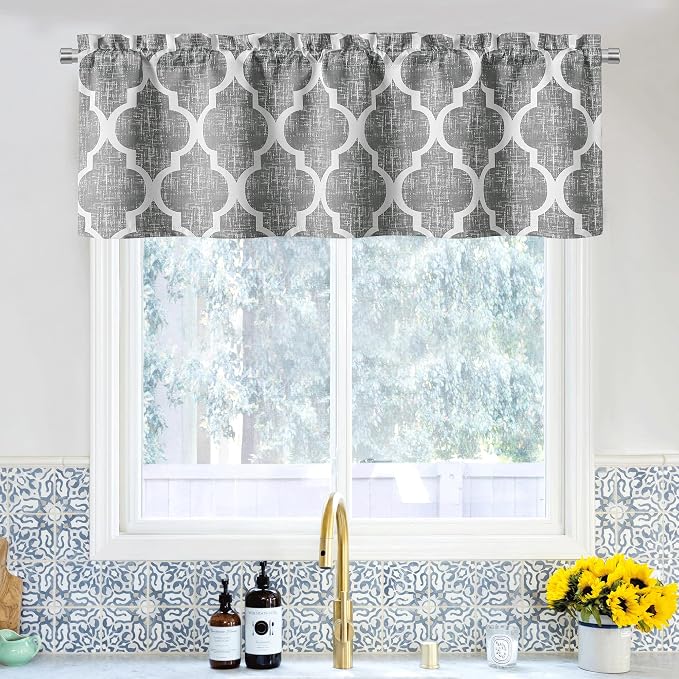 Beauoop Moroccan Valance Curtains for Kitchen Cafe Grey 52x18 1 Panel | Geometric Blackout Short Curtains for Living Room Bedroom 18 Inch Length Thermal Quatrefoil Small Window Curtains Rod Pocket