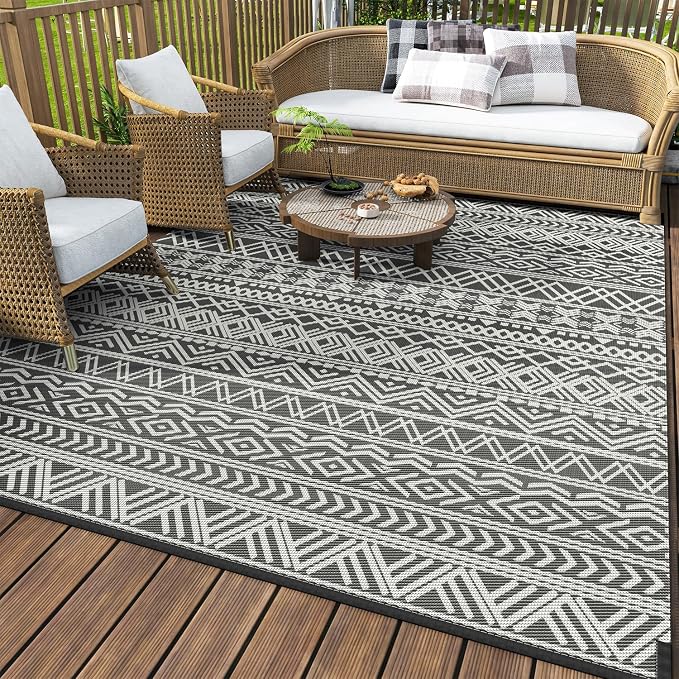 MontVoo-Outdoor Rug Waterproof 6x9 ft Outdoor Carpet Patio Rug Mat Reversible RV Camping Rug-Plastic Straw Rug Outside Outdoor Area Rug for Patio Deck Balcony Backyard Picnic Beach -Boho Grey