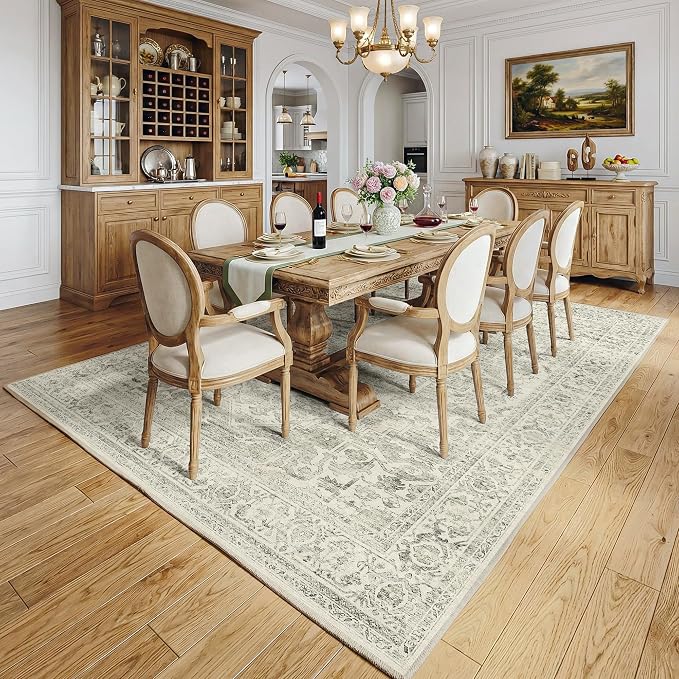 Fmfunctex 8x10 Washable Area Rug Green Neutral Distressed Oriental Vintage Large Non Slip Carpet for Living Room Bedroom Soft Low Pile Indoor Mat Retro Throw Rug for Dining Room Kitchen Office Nursery