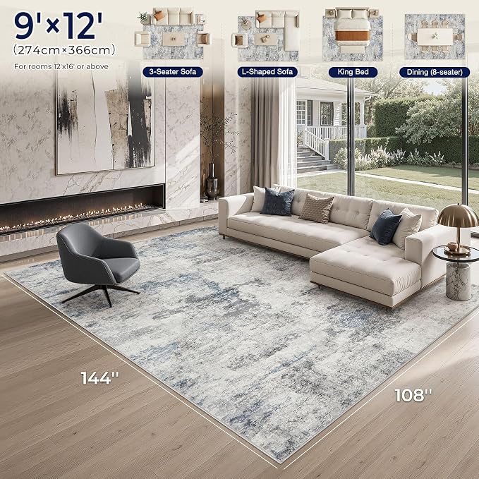 DMOYEST 9x12 Area Rug for Living Room, Washable & Non Slip Large Indoor Carpet, Kid & Pet Friendly Soft Thin Low Pile Abstract Rug for Bedroom and Office - Grey Blue