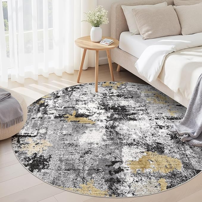 Abstract 6FT Round Rug: Machine Washable Non Slip Ultra Thin Low-Pile Carpet, Soft Stain Resistant for Living Room Bedroom Nursery, Kid Pet Friendly, Robot Vacuum Compatible - Black Gold