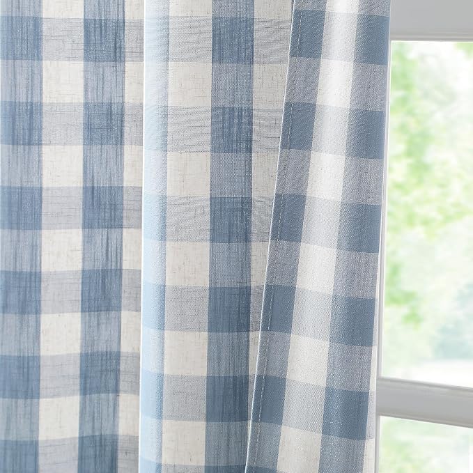 Short Beige-Dusty Blue Buffalo Plaid Curtains 54 Inches Long | Semi Sheer Buffalo Check Farmhouse Drapes,Gingham Checkered Rod Pocket Window Treatment for Bedroom Living Room,40"Wx54"Lx2