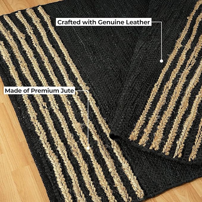 GRUHUM Jute Runner Rug 2'6"x 8' ft Natural Fiber Leather Black Jute Area Rug Handwoven Boho Farmhouse Braided Rustic Vintage Ecofriendly Indoor Rugs for Kitchen Living Room Bedroom Hallways Entryways