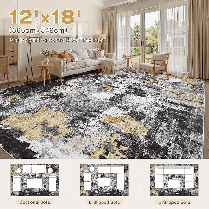 Abstract 12x18 Area Rug: Machine Washable Non Slip Ultra Thin Low-Pile Carpet, Soft Stain Resistant for Living Room Bedroom Office, Kid Pet Friendly, Robot Vacuum Compatible - Black Gold