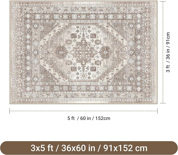 befbee 3x5 Rug, Ultra-Thin Area Rugs for Living Room,Non-Slip Lightweight Washable Rug for Bedroom,Kitchen,Entryway,Stain Resistant Small Carpet (Brown/Beige, 3'x5')