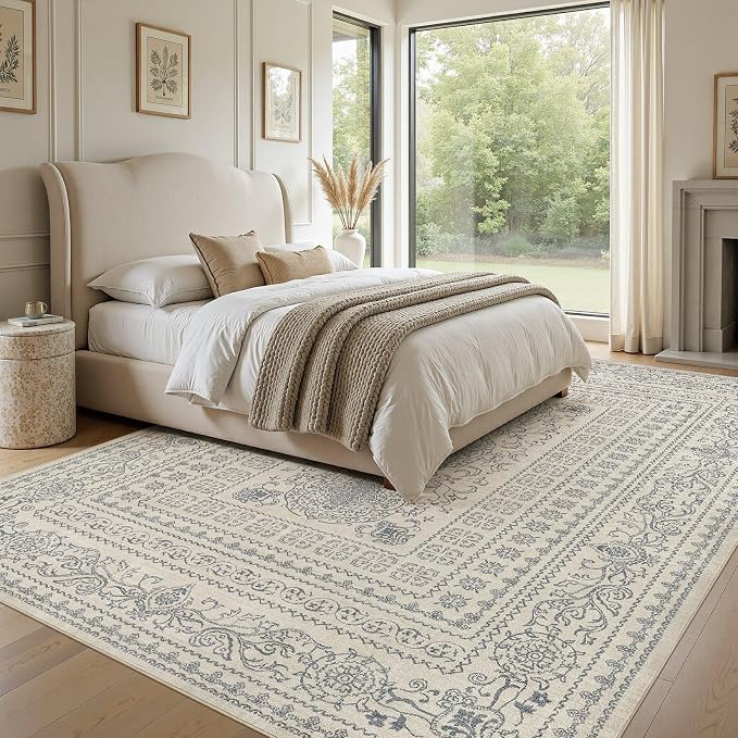 Nakagishi 5x7 Area Rugs Living Room: Washable Large Vintage Rug Neutral Non-Slip Soft Stain Resistant Indoor Carpet for Bedroom Nursery Dining Room Office Playroom - Blue/Beige