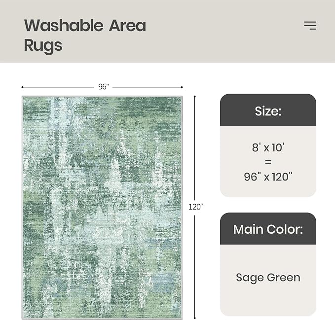 Valenrug Washable Rugs 8x10 - Stain Resistant 8x10 Area Rugs for Living Room, Non Slip Backing Abstract Large Area Rugs for Bedroom, Folable Machine Washable Area Rug(8'x10', Sage Green)