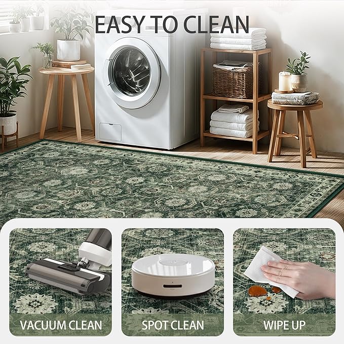6x6 Square Area Rug, Soft Non Slip Low Pile Washable Rug, Boho Modern Area Rug for Living Room，Bedroom, Laundry Room, Dark Green/Beige