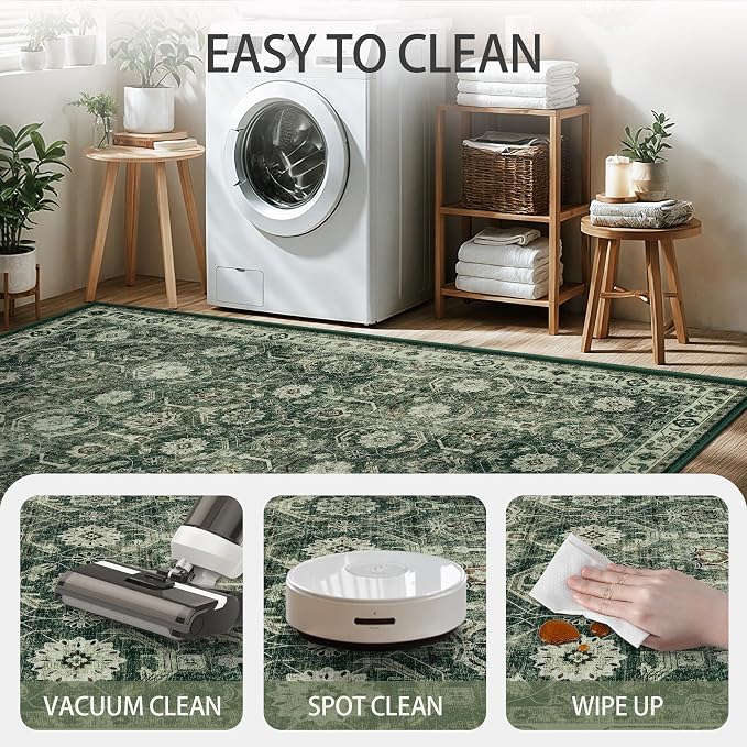 Living Room Rug 6x9, Soft Non Slip Low Pile Washable Rug, Boho Modern Area Rug for Bedroom, Dining Room, Sage Green