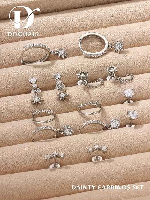 Dochais Flat Back Cartilage Earrings for Women Trendy Dainty CZ Flatback Studs Earing Sets 14k Gold Plated Hypoallergenic Huggie Hoops Earring Stacks for Multiple Piercing