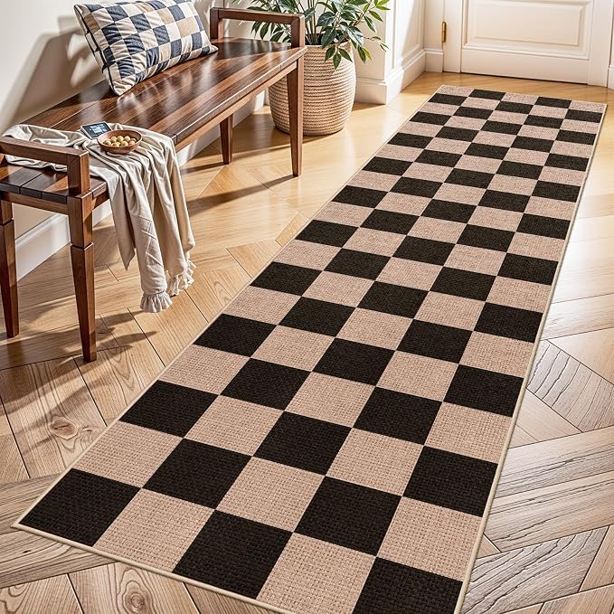 2x8 Checkered Runner Rug Hallway: Washable Faux Jute Indoor Farmhouse Style | Non Slip Backing Narrow Floor Carpet Entryway Kitchen Living Room Bedroom Durable Thin Textured Accent Home Decor (Black,2x8)