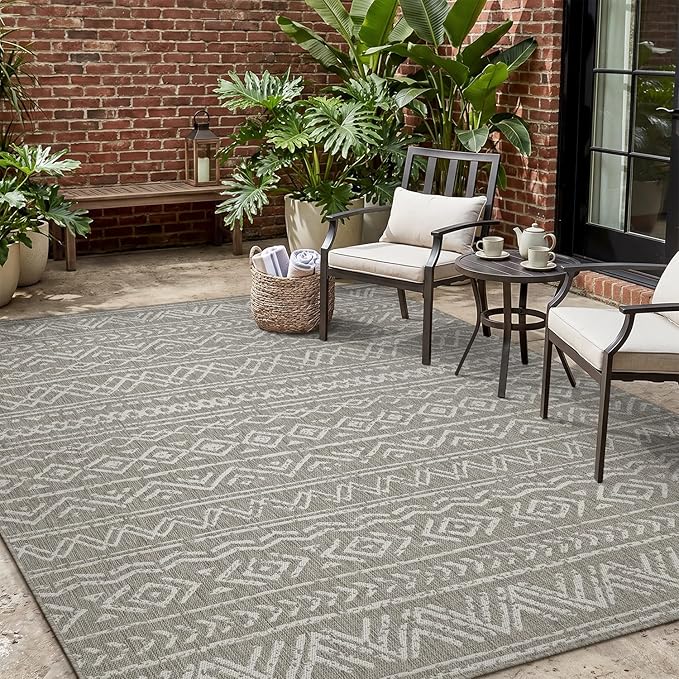 MontVoo-Outdoor Rug-Patio Rug 4x6 Polypropylene Indoor Outdoor Rugs Outdoor Carpet for Patio Deck Balcony Porch, Textured Weave, Durable for High Traffic, Fade-Resistant, Boho Farmhouse Silver Grey