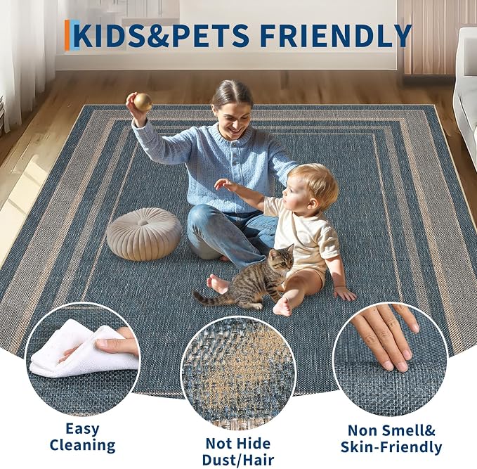 GarveeHome 2x3 Small Easy Jute Area Rugs Washable Neutral Door Mat | Indoor Non Slip Living Room Throw Carpet Stain Resistant Modern Solid Bedroom Rugs for Entryway Nursery Kitchen Dorm, Blue