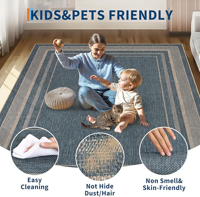 GarveeHome 9x12 Large Area Rug for Living Room Easy Jute Modern Rugs | Non Slip Low Pile Neutral Bordered Solid Tan Dining Room Rugs Washable Carpet for Bedroom Home Office Decor, Blue