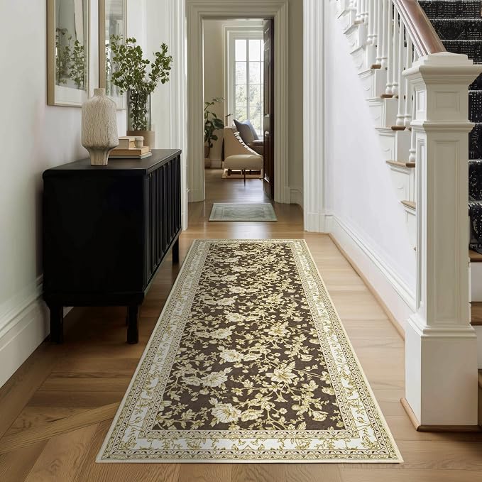 Brown Boho Washable 3x8 Extra Long Hallway Runner Rug, Extra Large Kitchen Floor Rug Indoor Entryway, Non-Slip Low Pile Machine Washable, Vintage Farmhouse Cream Beige Taupe Pattern Floral Design