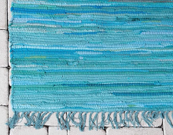 Unique Loom Chindi Cotton Collection Soft Hand Woven Natural Fiber Striped Area Rug, 8 ft x 10 ft, Turquoise/Ivory