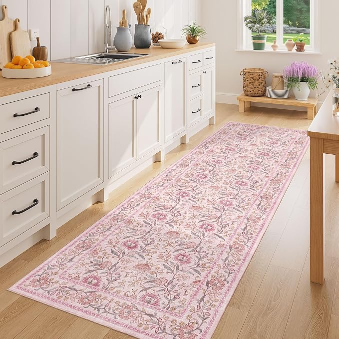 DUKINO 2x6 Runner Rug, Washable Vintage Floral Kitchen Rug, Pink | Non Slip, Low Pile, Non-Shedding, Stain Resistant Soft Carpet Runner for Hallway Bathroom Entryway Bedroom Laundry Farmhouse