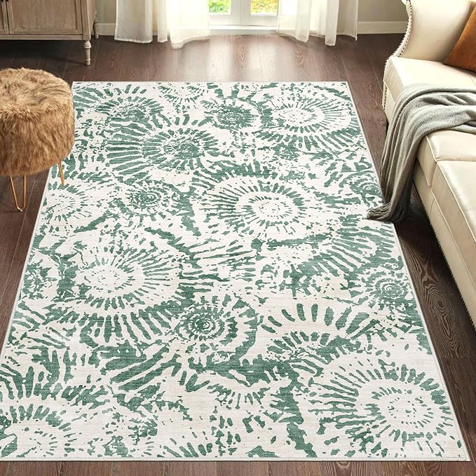BLISSA Washable 3x5 Entryway Rug - Ultra Thin Fresh Green White Modern Non-Slip Small Front Door Mat Indoor Entrance Soft Geometric Boho Neutral Abstract Area Rugs for Bedroom Kitchen Mudroom Foyer