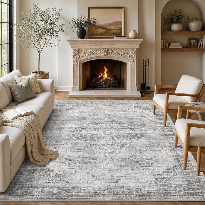 Garvee Grey Washable 5x7 Area Rugs Boho Vintage Non-Slip Low-Pile Stain Resistant Soft Rugs for Bedroom Living Room Nursery Home Office Kitchen Room Decor