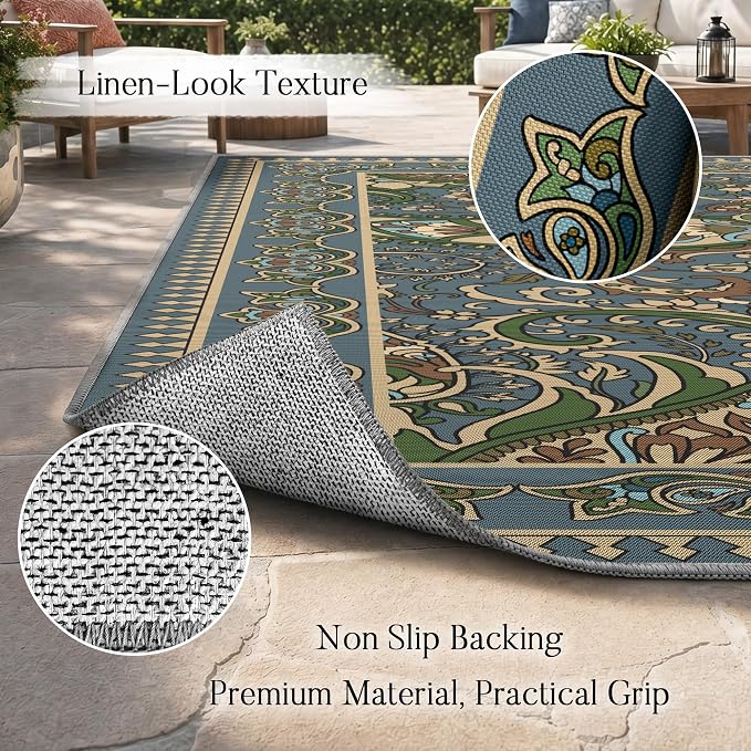 Arenarug Paisley Outdoor Rug Waterproof 8x10, UV Resistant Non Slip Patio Rug, Indoor Outdoor Boho Camping Rug Linen-Look RV Carpet for Deck Balcony Backyard, Sage&Blue