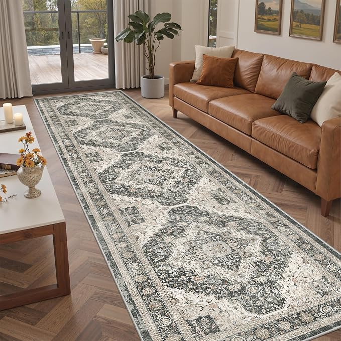 Roxstand Washable 2.6x10 Runner Rug, Non Slip Hallway Rugs Black/Beige | Low Pile rug, Stain Resistant, Distressed Rug Runners for Entryway, Living Room, Bedroom, Kitchen, Laundry