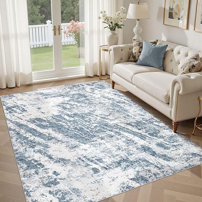 DMOYEST 5x7 Washable Area Rug: Abstract Modern Non-Slip Carpet, Soft Low Pile Indoor Neutral Easy Clean Floor Rugs for Living Room Bedroom Dining Room Kids & Pets - Blue