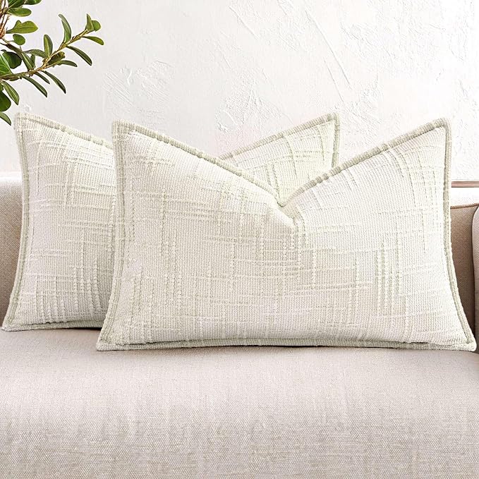 decorUhome Chenille Throw Pillow Covers 12x20 Set of 2,Cream White | Soft Texture, Slubby Modern Design, Flange Edges, Cozy Lumbar Accent Pillow Covers for Couch, Sofa, Bed, Living Room