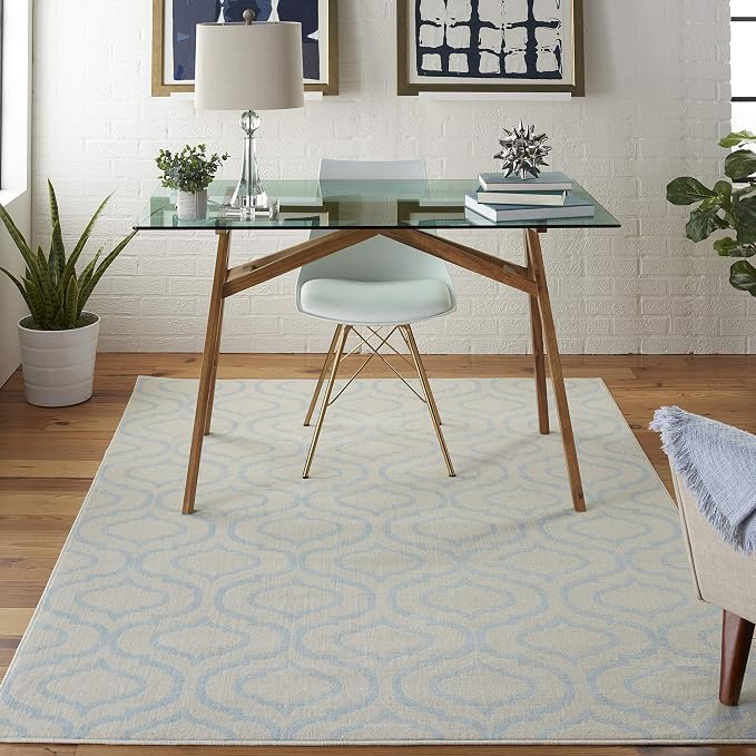 Nourison Home Jubilant Trellis Ivory/Blue 5'3" x 7'3" Area -Rug, Easy -Cleaning, Non Shedding, Bed Room, Living Room, Dining Room, Kitchen (5x7)