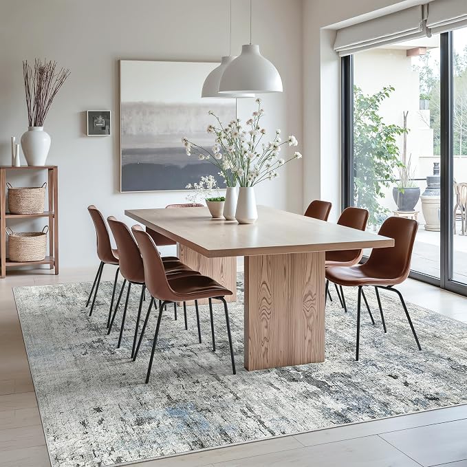Soalmost Abstract Rug 8x10 Large Living Room Rugs Neutral Modern Washable Area Rugs for Bedroom Dining Room Non-Slip Stain Resistant Foldable Thin Rug Gray Blue