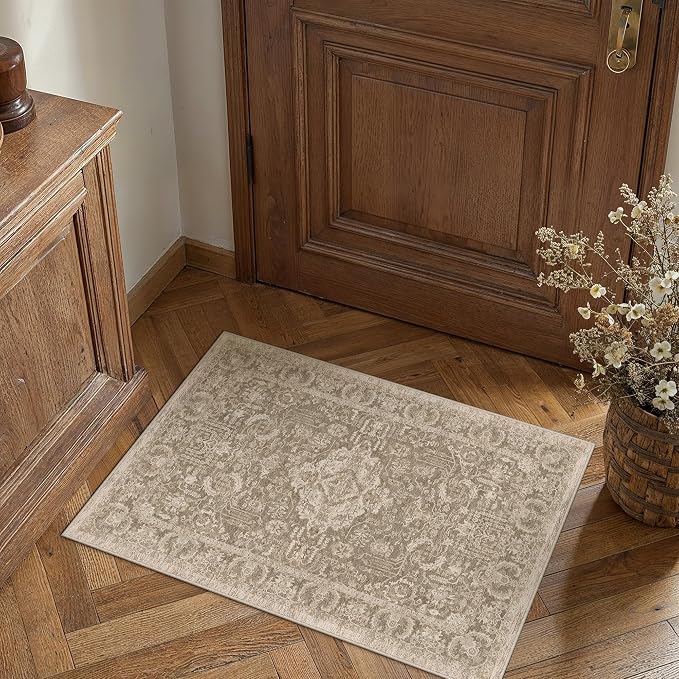 HUGEAR 2x3 Entryway Rug Taupe Machine Washable Rug Small Area Rugs Room Decor Distressed Vintage Indoor Door Mat Low Pile Non Slip Carpet for Kitchen Living Bedroom Soft Lightweight