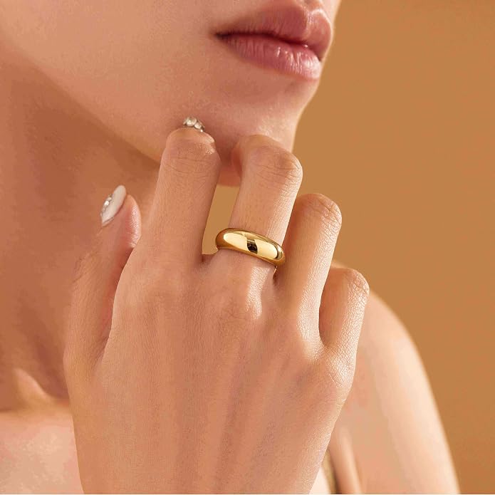 Non Tarnish Gold Chunky Rings for Women, 14K Gold Plated Statement Dome Rings Stacking Silver, Adjustable Mens Eternity Wedding Band Mixed Metal Jewelry Size 3-13