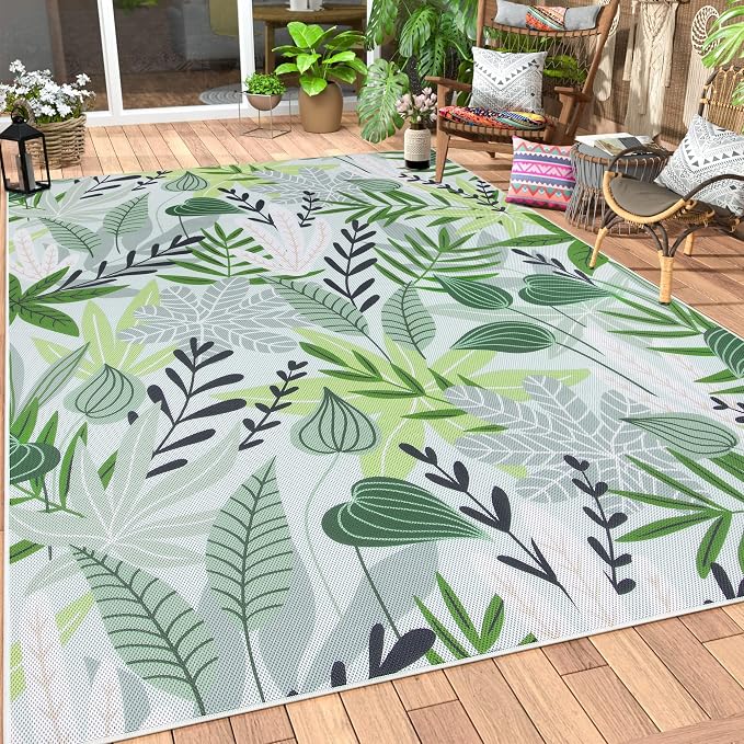 Lahome Leaf Indoor Outdoor Rugs, 6x9ft Non Slip Outdoor Patio Rug for Camping Picnic, Soft Outdoor Area Rug for Balcony Deck Backyard, Washable RV Outdoor Rugs for Living Room Bedroom,Green