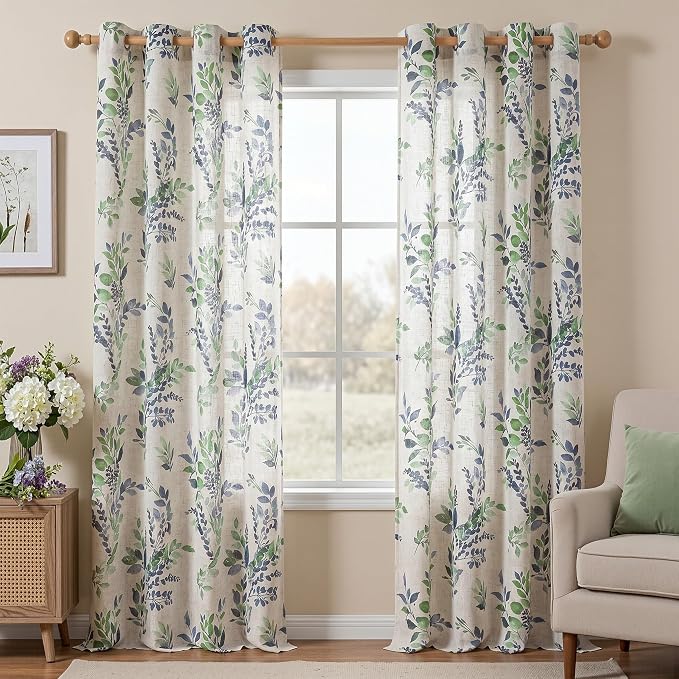 MYSKY HOME Floor to Ceiling Linen Floral Curtains 108 Inch Length 2 Panels Semi Sheer Light Filtering Farmhouse Leaf Printed Window Grommet Drapes for Dining Room, 52" W Each Panel, Green