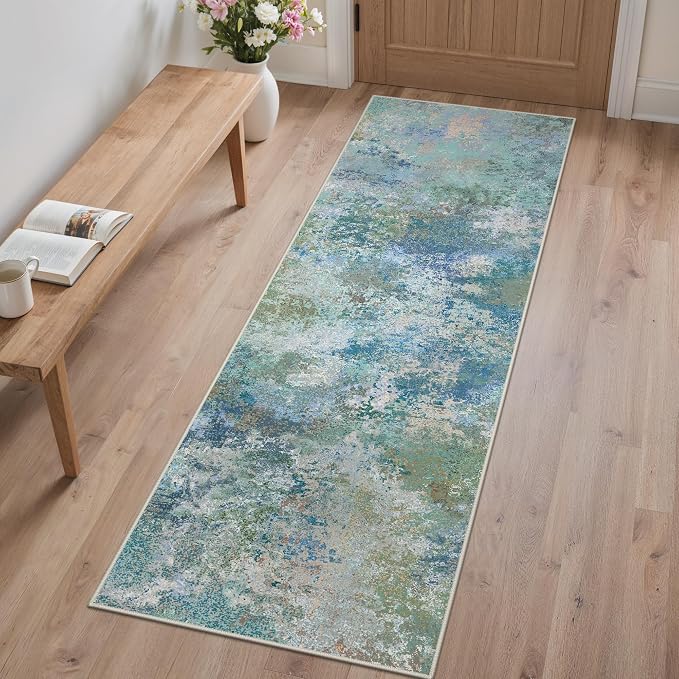 GENIMO Runner Rug Non Slip 2x6, Washable Rug Runner for Hallways Kitchen, Abstract Modern Kitchen Rugs, Low Pile Lightweight Carpet Runners for Entryway, Bedroom, Laundry, Aqua Blue