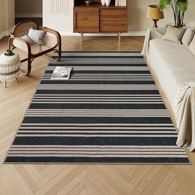 Lahome Striped Easy Jute Outdoor Patio Rug, 5x7 Area Rugs Washable Black | Living Room Indoor Mat, Modern Farmhouse Non Slip Non Shedding Stain Resistance Carpet for Dining Room Balcony Backyard Deck