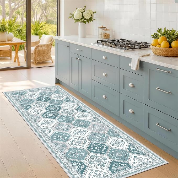 2x6 Teal Rugs, Soft Non-Slip Boho Moroccan Rug Runner, Low-Pile Printed Indoor Runners for Entryway, Hallways, Kitchen, Laundry Room, Bedside- Teal