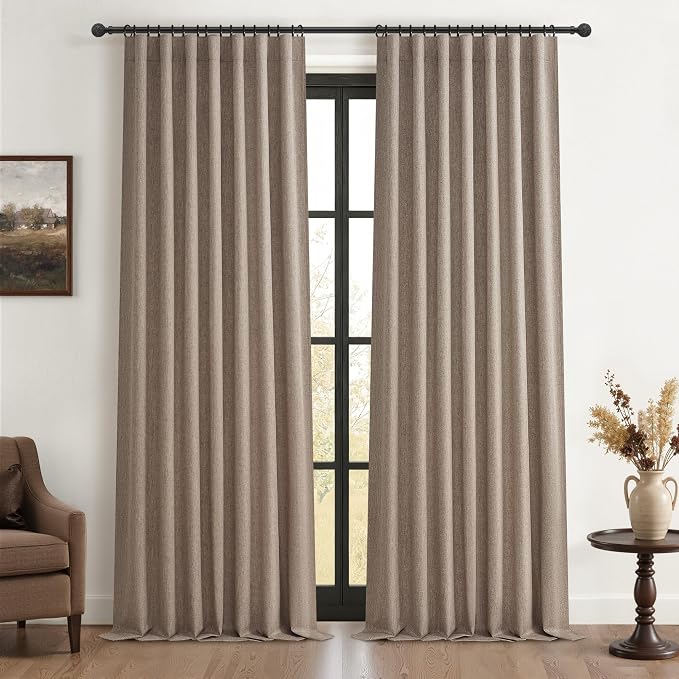 Pleated Dark Flax Brown 100 Inches Long Blackout Linen Dining/Living Room Large Curtains 2 Panels Set, Room Darkening Tan Heavy Curtain Thermal Insulated for Winter Country Linen Drapes (50"Wx100"L)