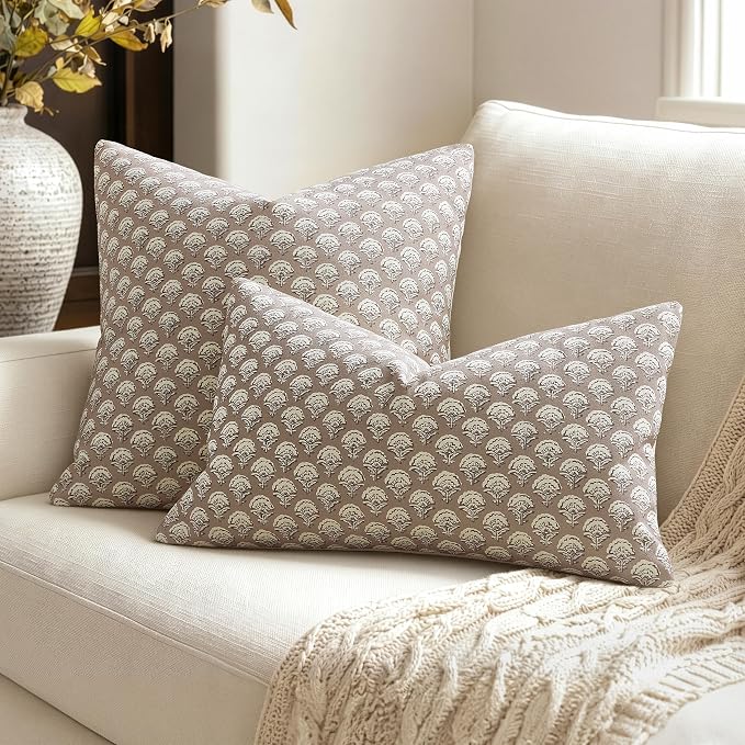 MIULEE Set of 2 Decorative Floral Lumbar Pillow Covers Neutral Vintage Throw Pillows Block Print Boho Farmhouse Cushion Covers for Modern Home Decor Couch Sofa Bed Living Room, 12x20 Inch, Light Taupe