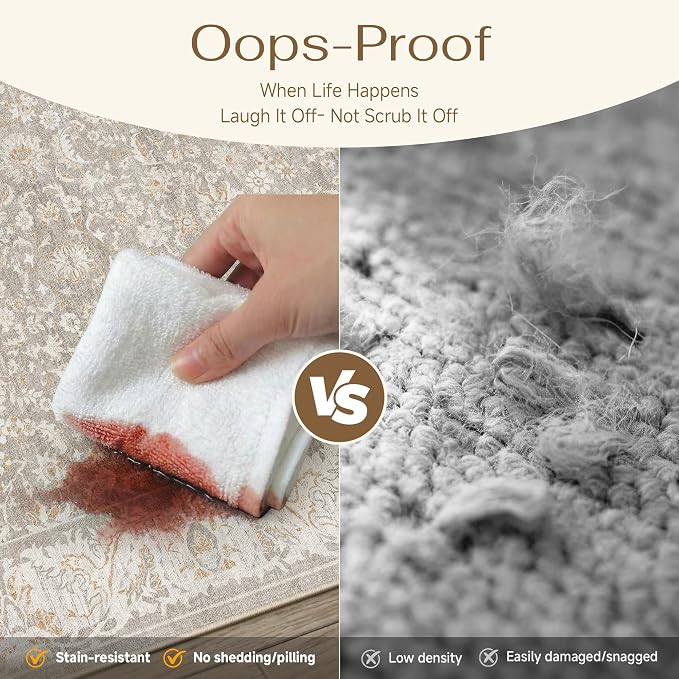 6x9 Taupe Washable Area Rug Non Slip Retro Distressed Carpet | Soft Low Pile, Lightweight Foldable, Pet Friendly, Living Room, Bedroom, Dining Room, Classroom, Playroom