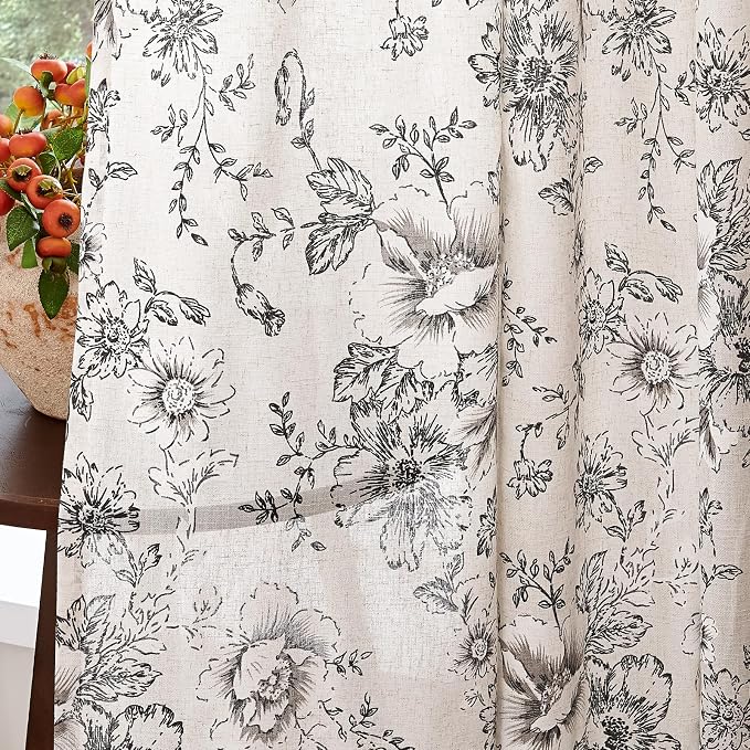 jinchan Black Floral Linen Curtains 54 Inch Vintage Back Tab 2 Panels | Light filtering drapes, semi sheer, farmhouse, cottagecore, rustic, living room, bedroom, rod pocket, window treatment