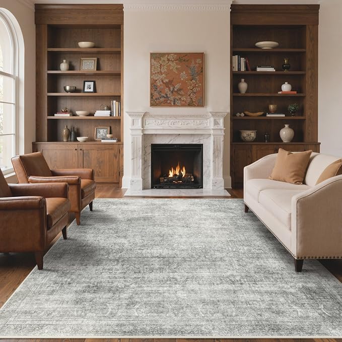 BESBLEE 8X10 Area Rugs Machine Washable Rugs for Living Room, Vintage Boho Large Rugs for Bedroom Dining Room, Non Slip Indoor Soft Distressed Lightweight Thin Low Pile Carpet, Light Grey