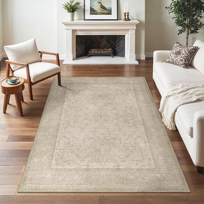 Bavni Vintage Floral Rugs 6X9, Washable Area Rug with Non Slip Backing, Low Pile for Living Room, Bedroom & Home Decor, Lightweight Carpet, Brown