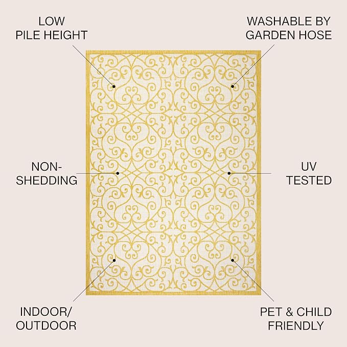 JONATHAN Y Vintage Filigree Indoor Outdoor Area Rug 3X5 Cream/Yellow, Madrid Textured Weave for Backyard, Patio, Porch, Easy-Cleaning, High Traffic, Pet-Friendly, Non-Shedding (SMB107D-3)