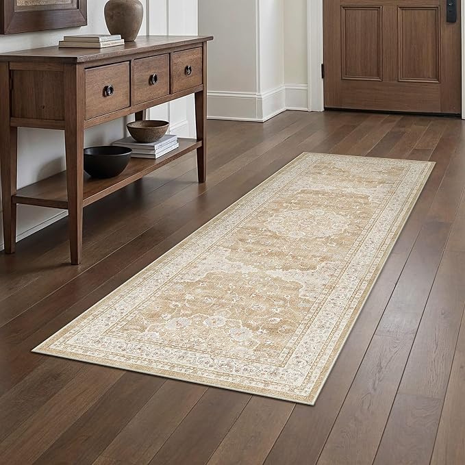 HUGEAR Hallway Runner Rugs 2x6 Machine Washable Vintage Beige Brown Throw Carpet Non Slip Stain Resistant Low Pile for Bedroom Kitchen Retro Aesthetic Modern Decor
